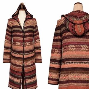 Long sweater jacket, duster with hood.  Country farm, chore sweater. L